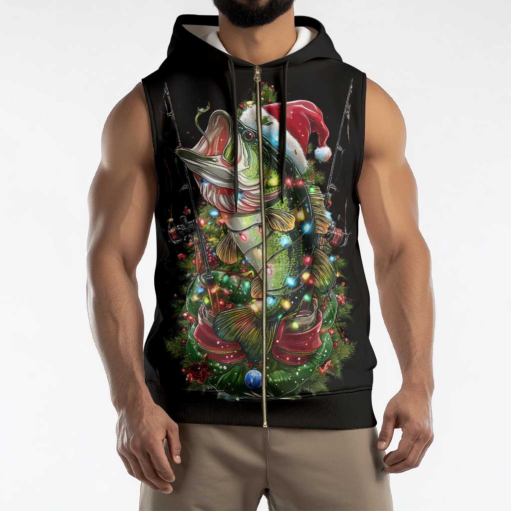 Custom Christmas Bass Fishing Sleeveless Zip Hoodie Santa Hat and Holiday Lights on Black Background - Wonder Print Shop