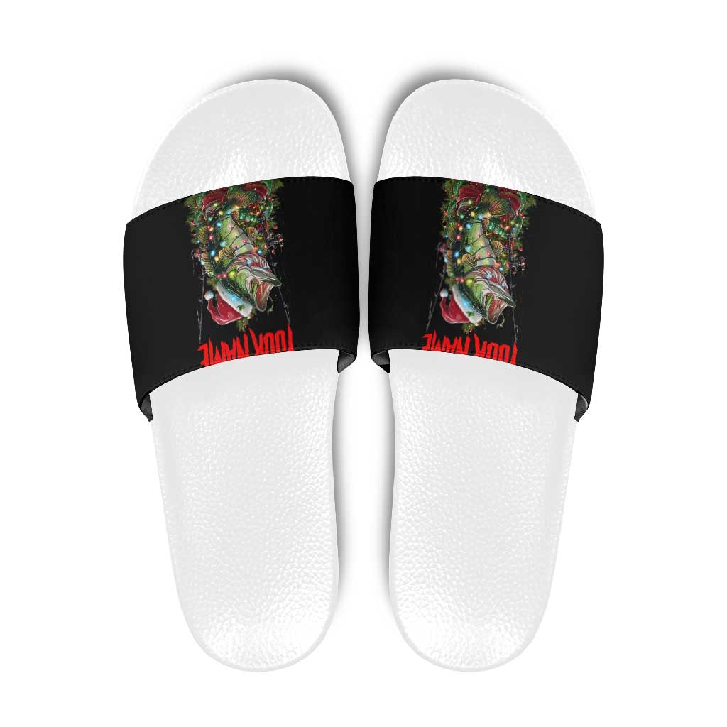 Custom Christmas Bass Fishing Slide Sandals Santa Hat and Holiday Lights on Black Background - Wonder Print Shop