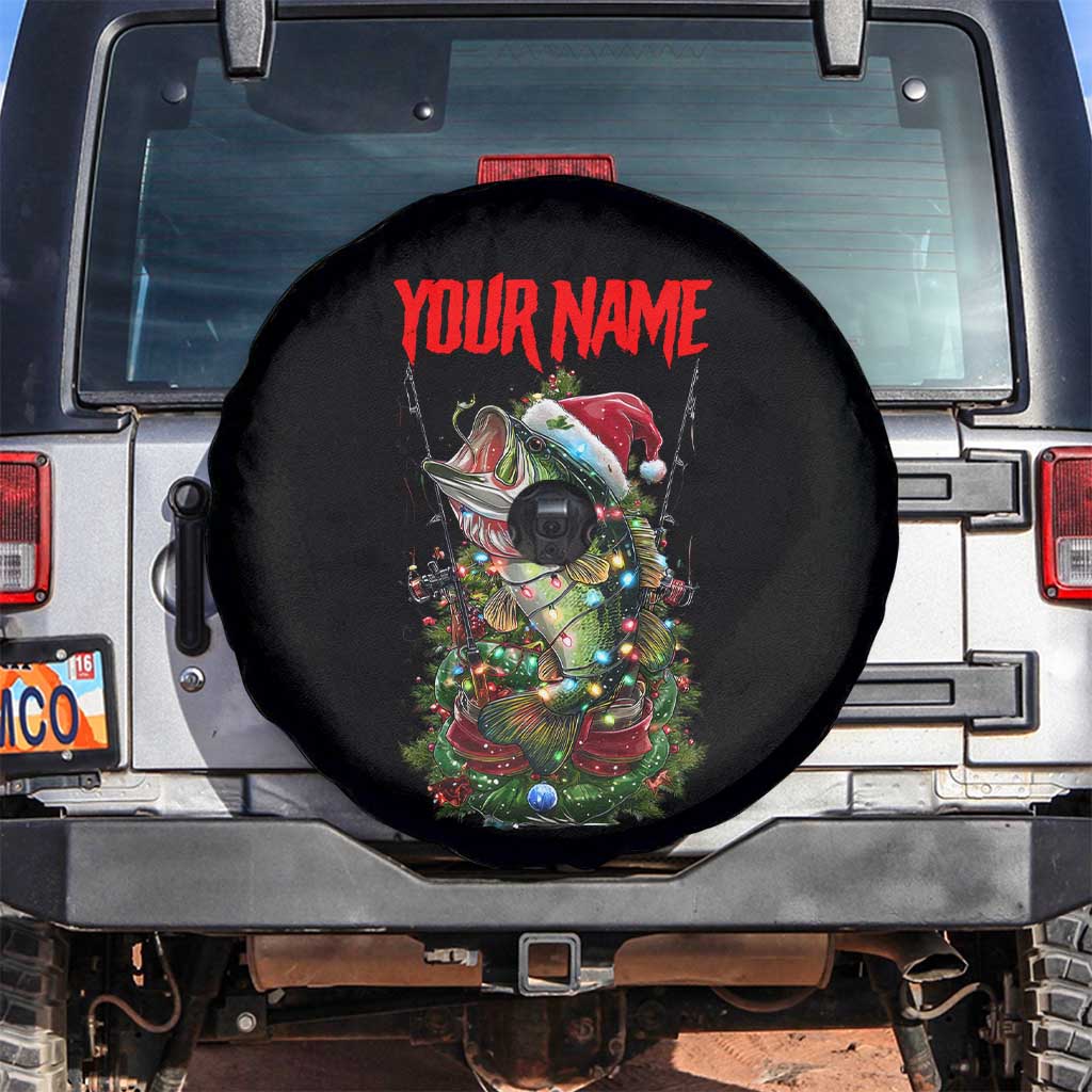 Custom Christmas Bass Fishing Spare Tire Cover Santa Hat and Holiday Lights on Black Background - Wonder Print Shop