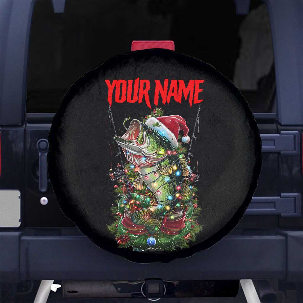 Custom Christmas Bass Fishing Spare Tire Cover Santa Hat and Holiday Lights on Black Background - Wonder Print Shop