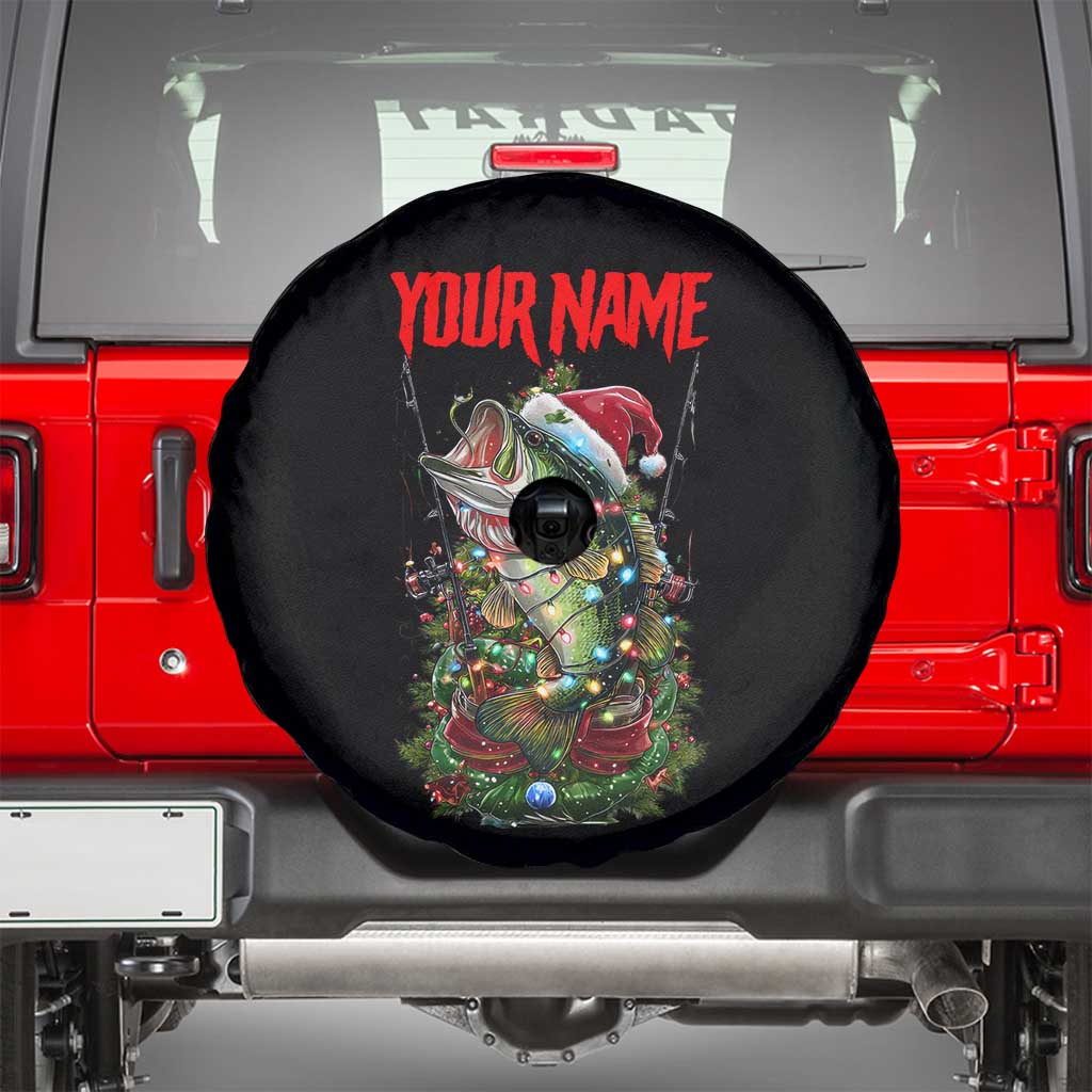 Custom Christmas Bass Fishing Spare Tire Cover Santa Hat and Holiday Lights on Black Background - Wonder Print Shop