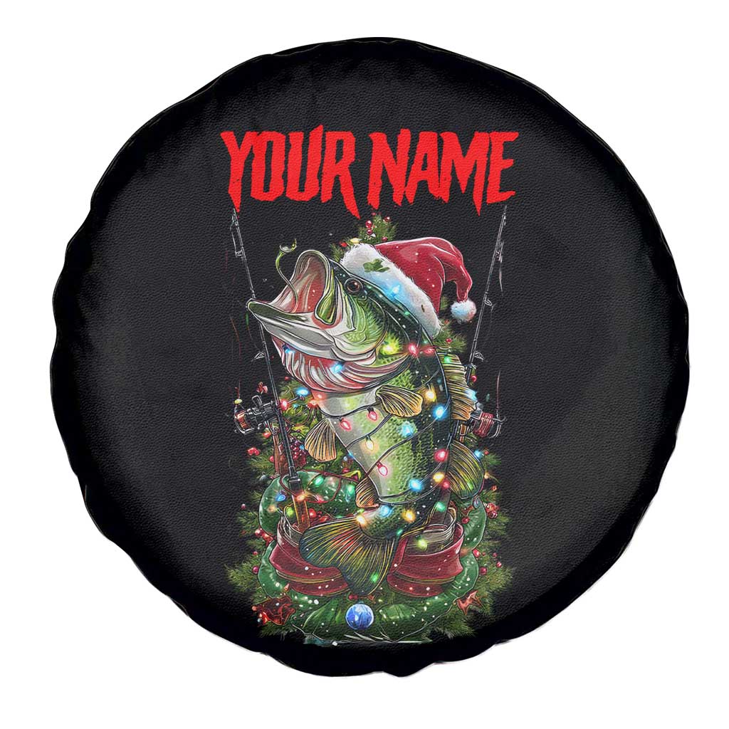 Custom Christmas Bass Fishing Spare Tire Cover Santa Hat and Holiday Lights on Black Background - Wonder Print Shop
