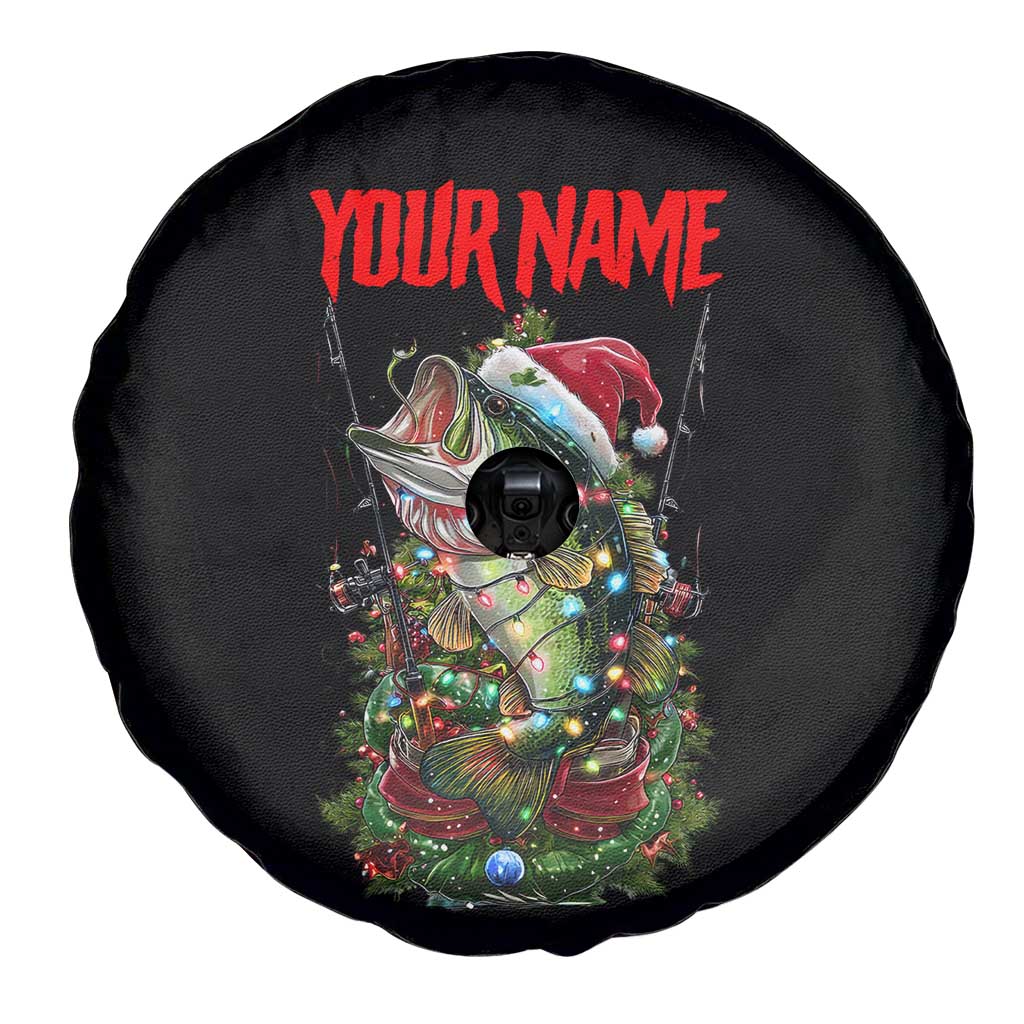 Custom Christmas Bass Fishing Spare Tire Cover Santa Hat and Holiday Lights on Black Background - Wonder Print Shop
