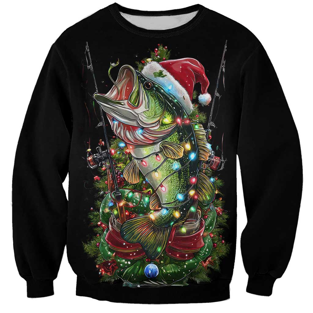Custom Christmas Bass Fishing Sweatshirt Santa Hat and Holiday Lights on Black Background - Wonder Print Shop
