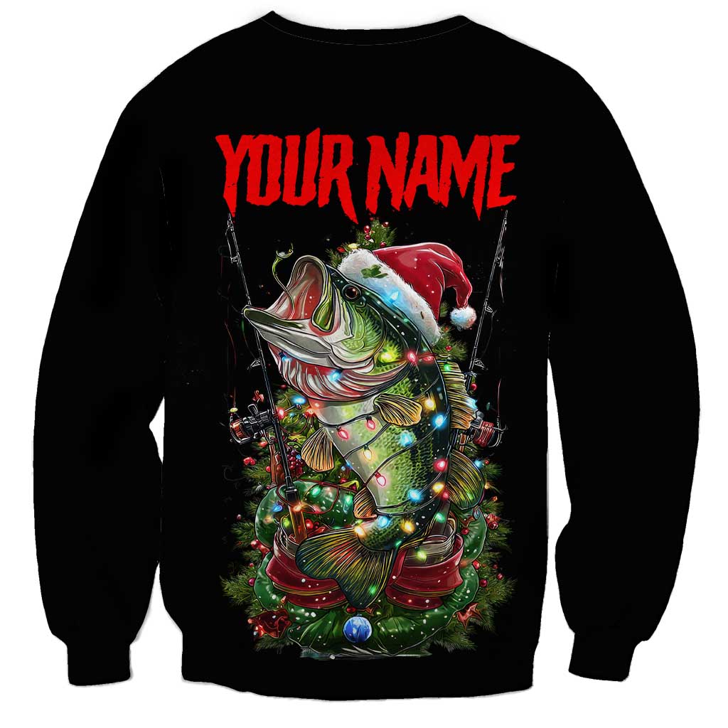Custom Christmas Bass Fishing Sweatshirt Santa Hat and Holiday Lights on Black Background - Wonder Print Shop