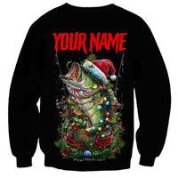 Custom Christmas Bass Fishing Sweatshirt Santa Hat and Holiday Lights on Black Background - Wonder Print Shop
