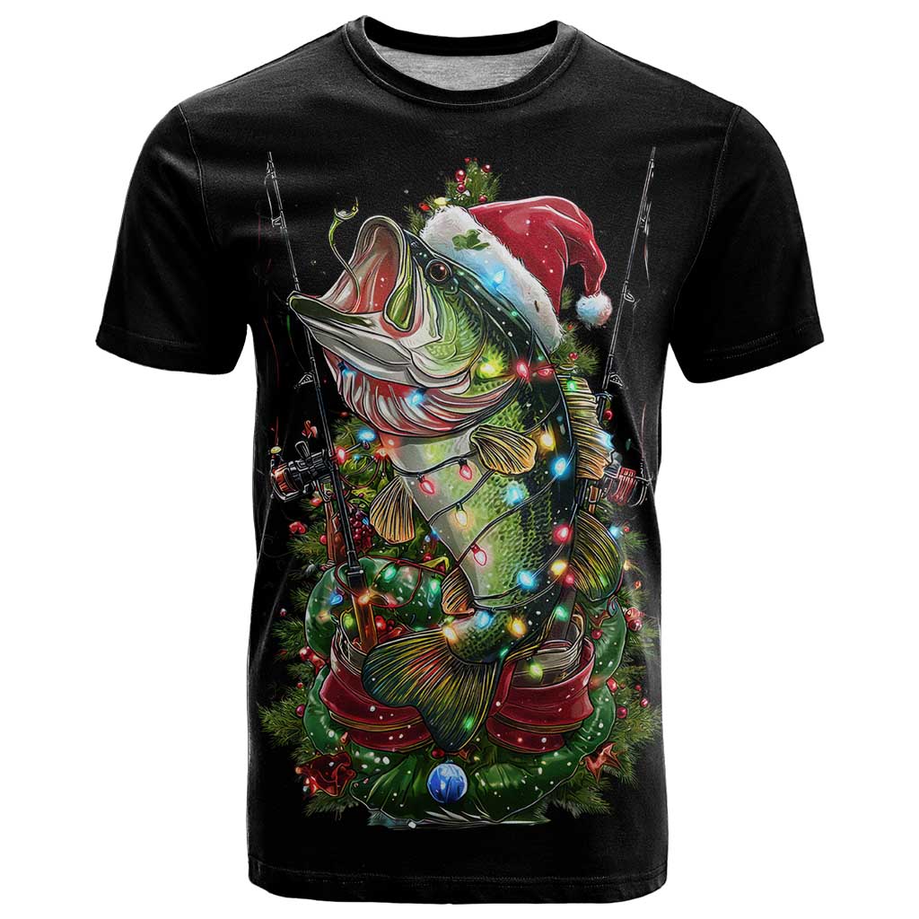 Custom Christmas Bass Fishing T Shirt Santa Hat and Holiday Lights on Black Background - Wonder Print Shop