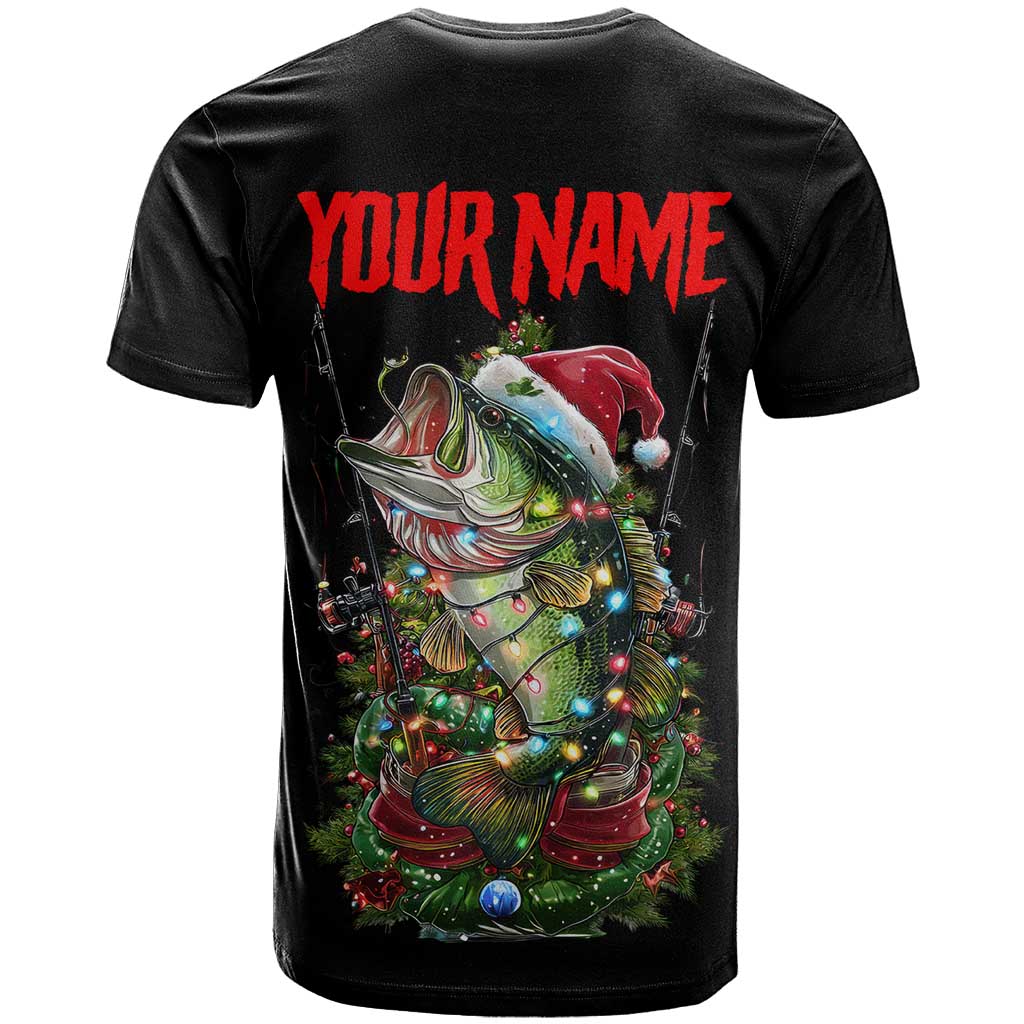 Custom Christmas Bass Fishing T Shirt Santa Hat and Holiday Lights on Black Background - Wonder Print Shop
