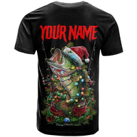 Custom Christmas Bass Fishing T Shirt Santa Hat and Holiday Lights on Black Background - Wonder Print Shop