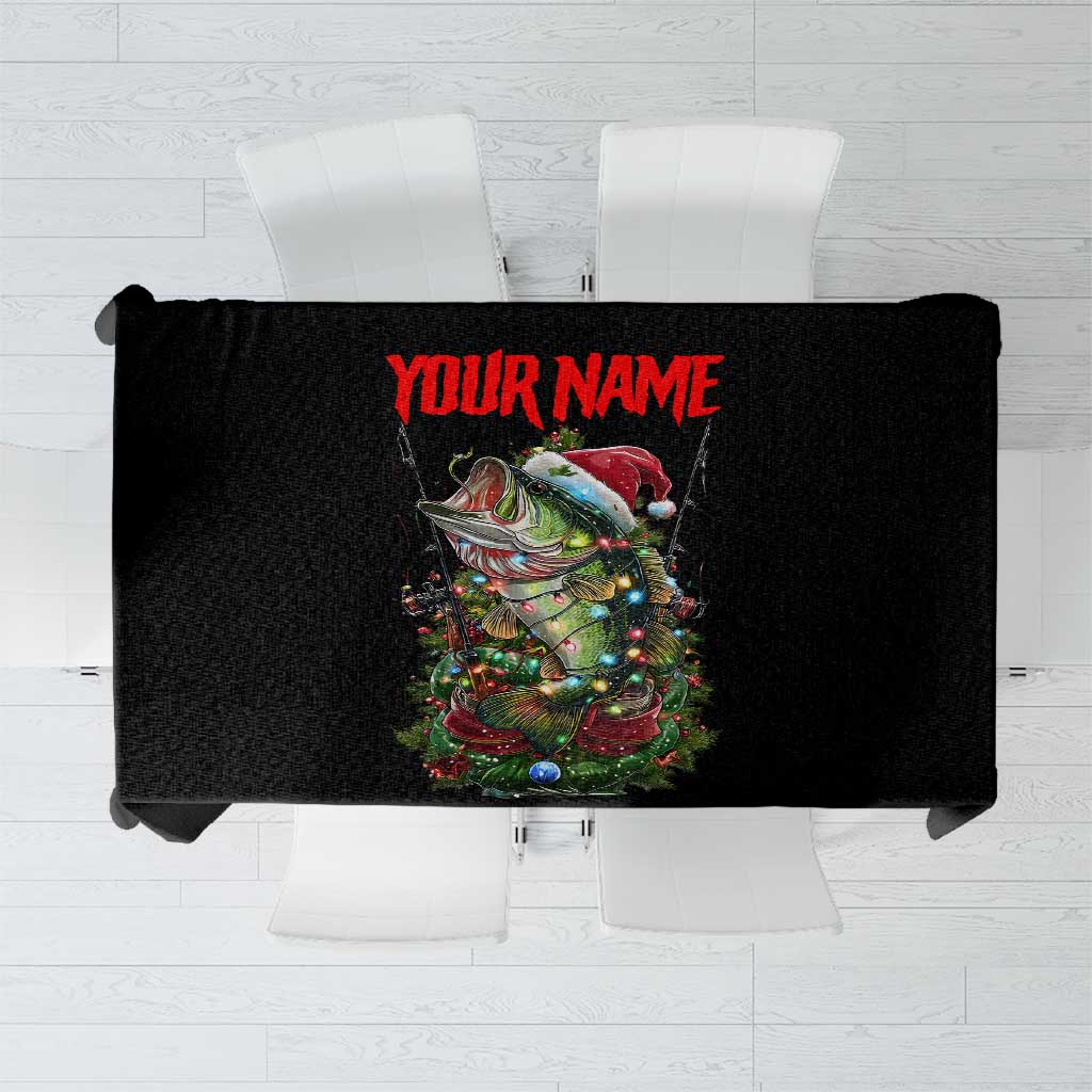 Custom Christmas Bass Fishing Tablecloth Santa Hat and Holiday Lights on Black Background - Wonder Print Shop