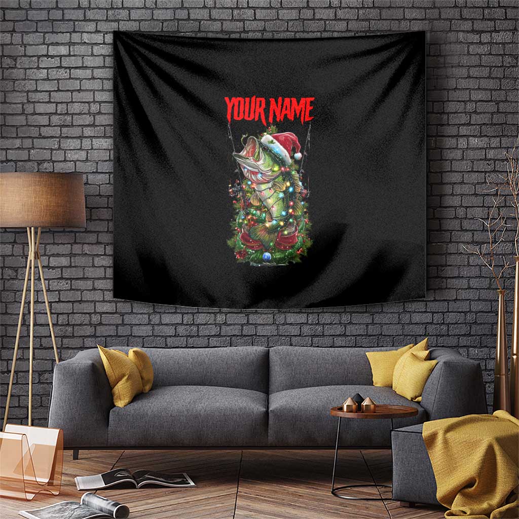 Custom Christmas Bass Fishing Tapestry Santa Hat and Holiday Lights on Black Background - Wonder Print Shop