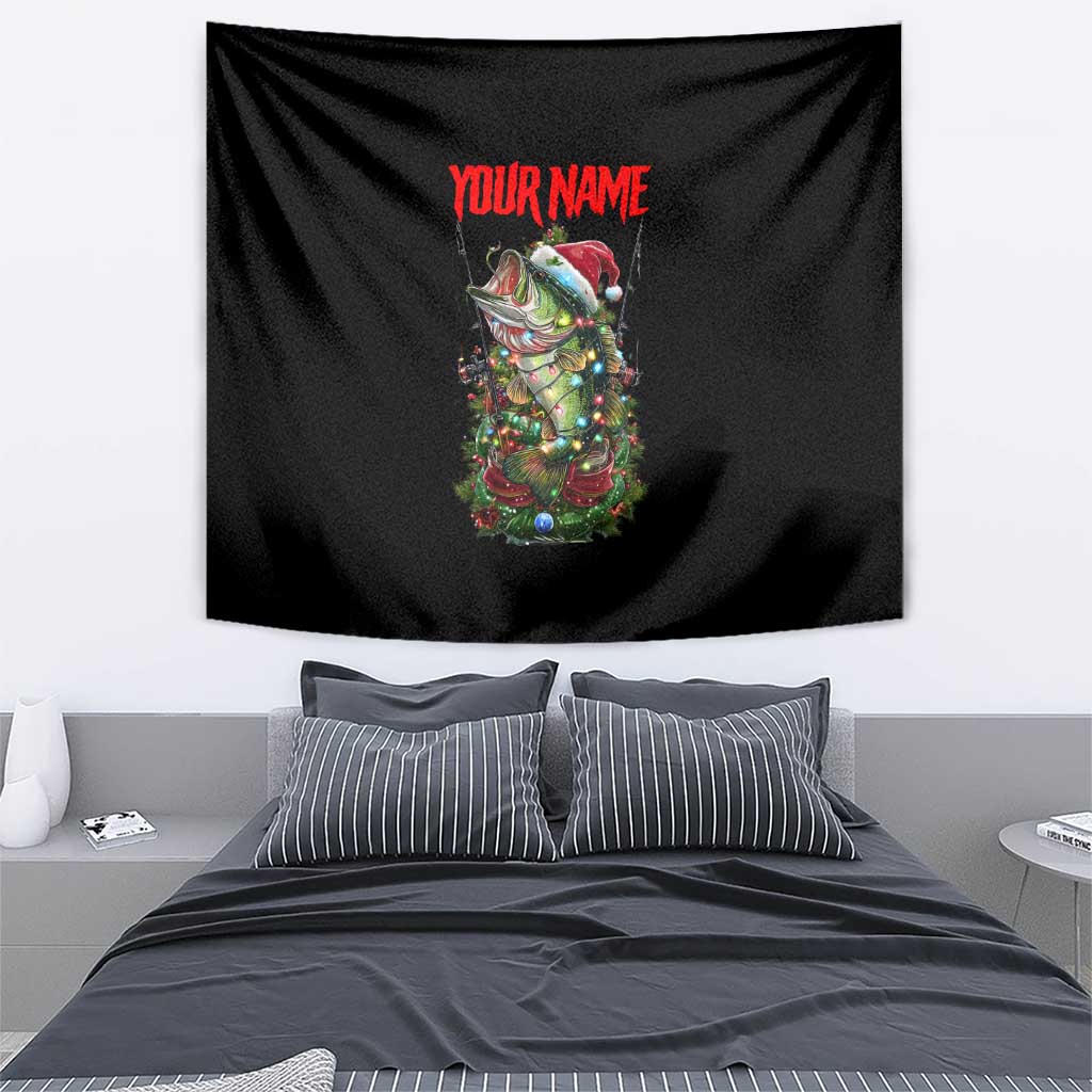 Custom Christmas Bass Fishing Tapestry Santa Hat and Holiday Lights on Black Background - Wonder Print Shop