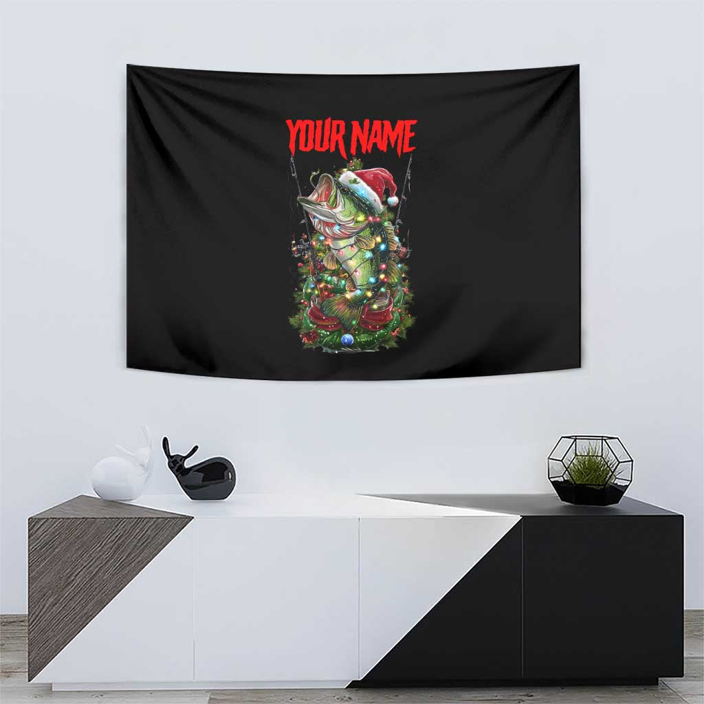Custom Christmas Bass Fishing Tapestry Santa Hat and Holiday Lights on Black Background - Wonder Print Shop