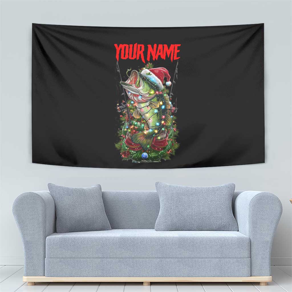 Custom Christmas Bass Fishing Tapestry Santa Hat and Holiday Lights on Black Background - Wonder Print Shop