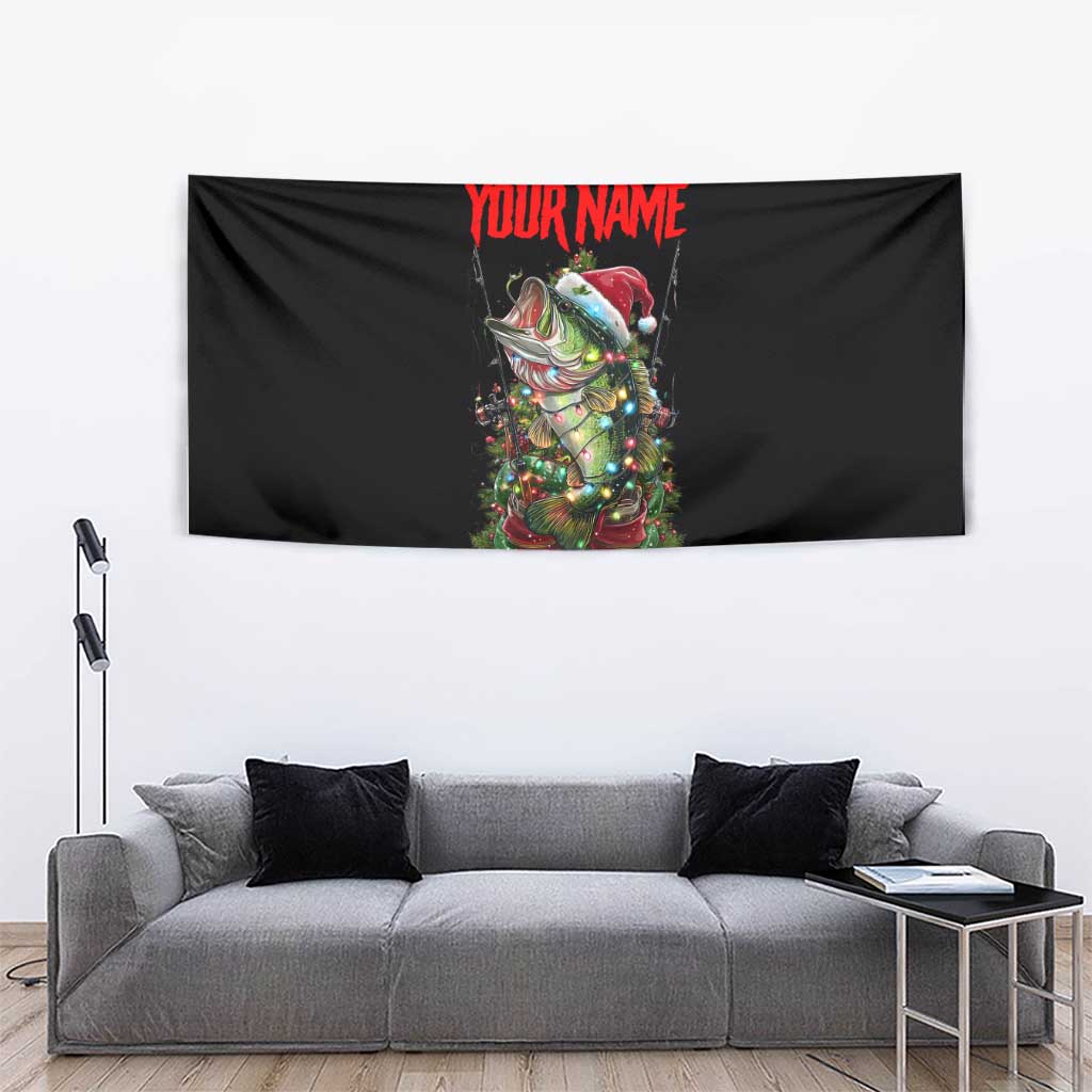 Custom Christmas Bass Fishing Tapestry Santa Hat and Holiday Lights on Black Background - Wonder Print Shop