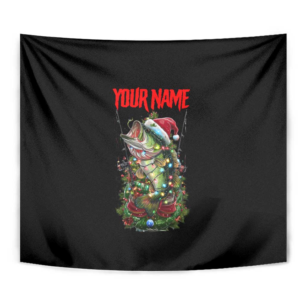 Custom Christmas Bass Fishing Tapestry Santa Hat and Holiday Lights on Black Background - Wonder Print Shop