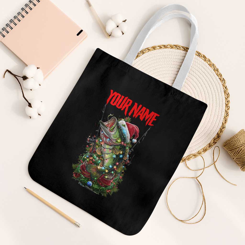 Custom Christmas Bass Fishing Tote Bag Santa Hat and Holiday Lights on Black Background - Wonder Print Shop