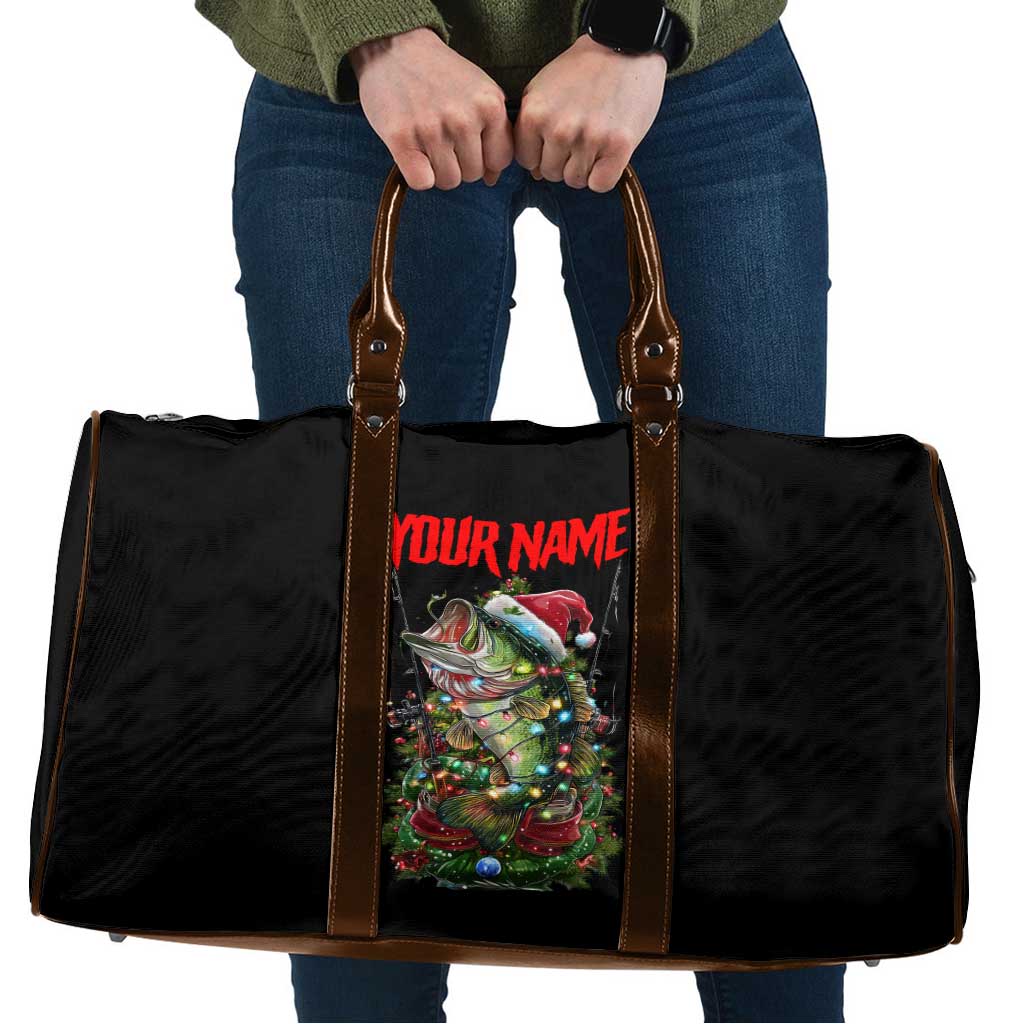 Custom Christmas Bass Fishing Travel Bag Santa Hat and Holiday Lights on Black Background - Wonder Print Shop