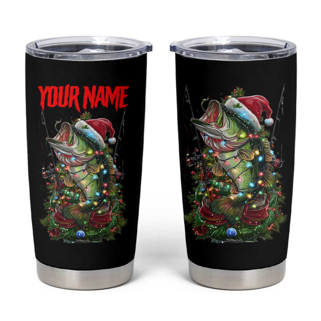 Custom Christmas Bass Fishing Tumbler Cup Santa Hat and Holiday Lights on Black Background - Wonder Print Shop