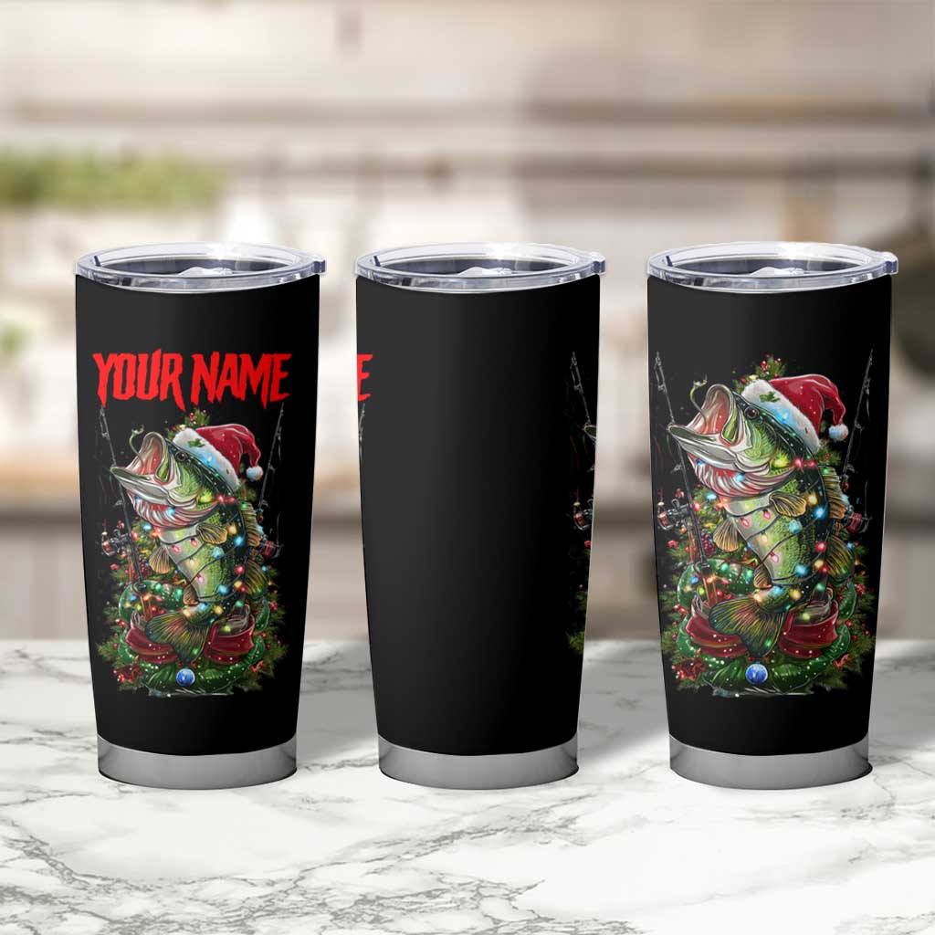 Custom Christmas Bass Fishing Tumbler Cup Santa Hat and Holiday Lights on Black Background - Wonder Print Shop