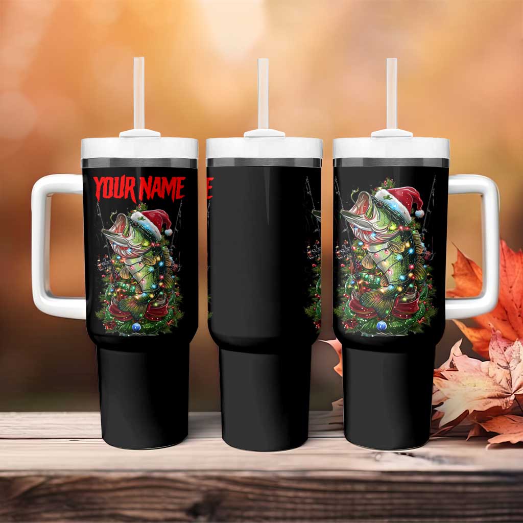 Custom Christmas Bass Fishing Tumbler With Handle Santa Hat and Holiday Lights on Black Background - Wonder Print Shop