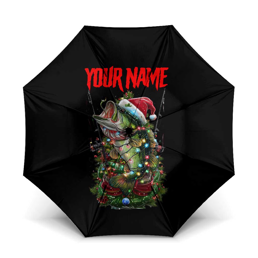 Custom Christmas Bass Fishing Umbrella Santa Hat and Holiday Lights on Black Background - Wonder Print Shop