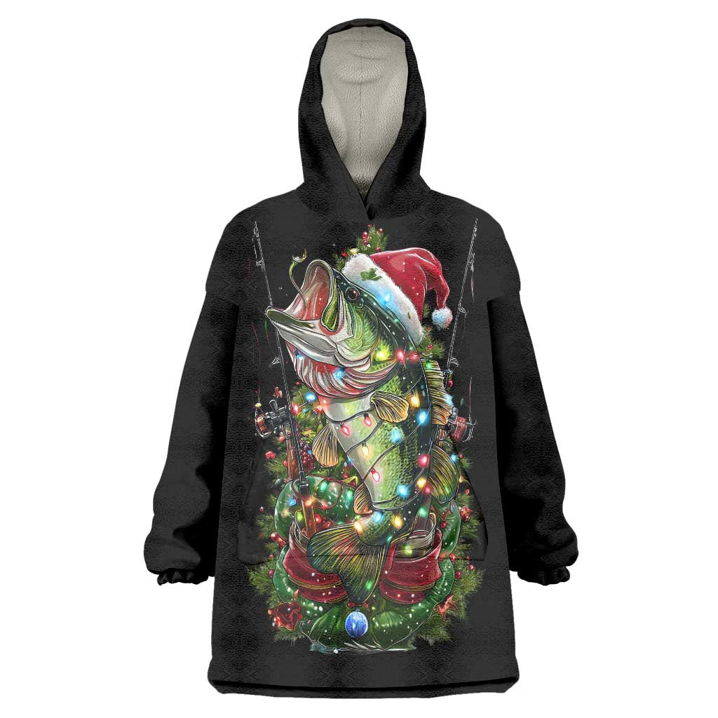 Custom Christmas Bass Fishing Wearable Blanket Hoodie Santa Hat and Holiday Lights on Black Background - Wonder Print Shop