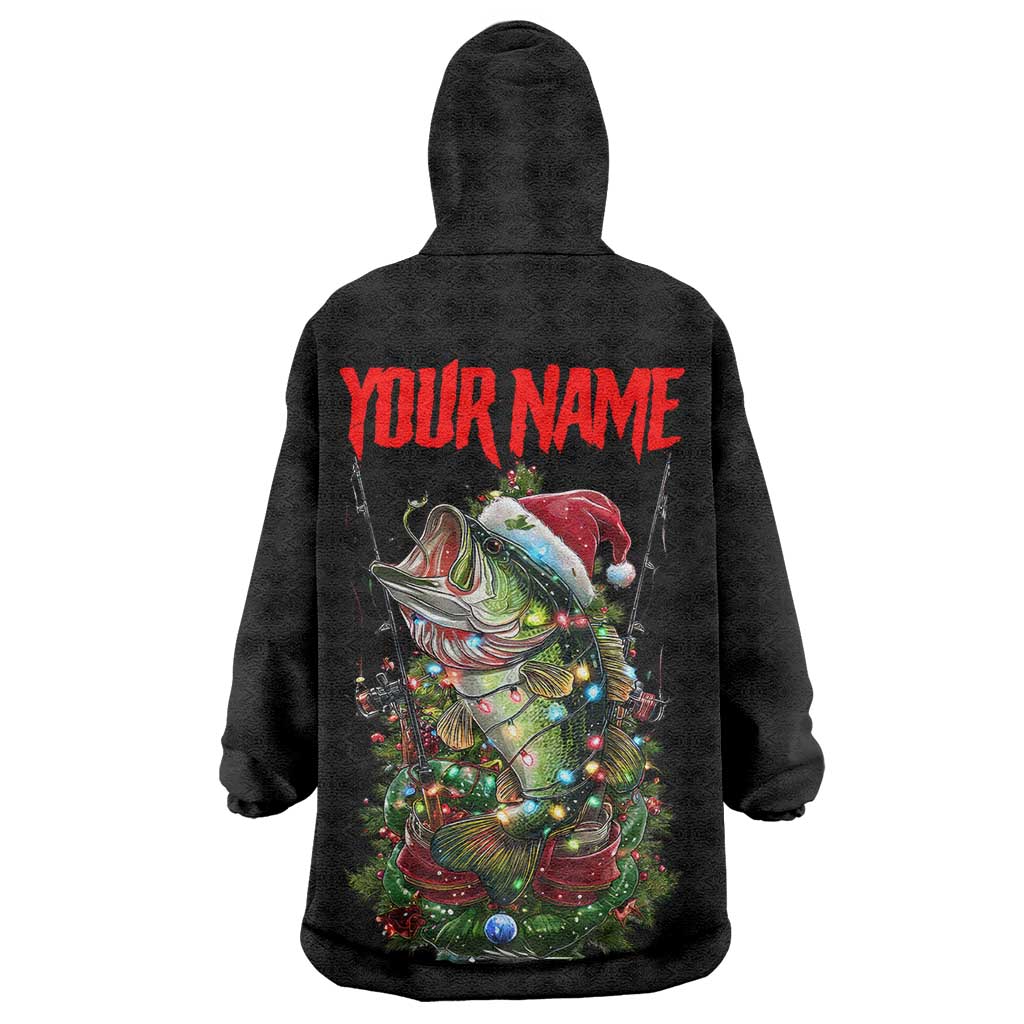 Custom Christmas Bass Fishing Wearable Blanket Hoodie Santa Hat and Holiday Lights on Black Background - Wonder Print Shop