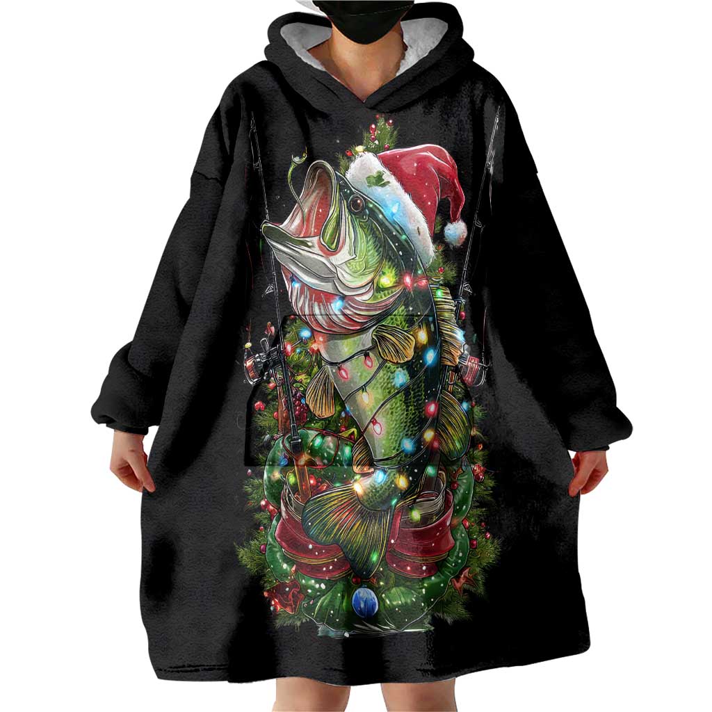 Custom Christmas Bass Fishing Wearable Blanket Hoodie Santa Hat and Holiday Lights on Black Background - Wonder Print Shop
