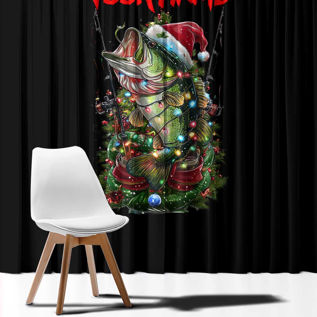 Custom Christmas Bass Fishing Window Curtain Santa Hat and Holiday Lights on Black Background - Wonder Print Shop