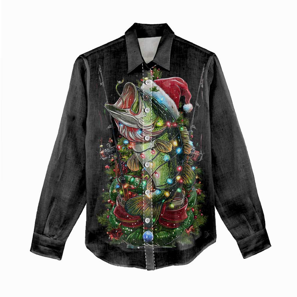 Custom Christmas Bass Fishing Women Casual Shirt Santa Hat and Holiday Lights on Black Background - Wonder Print Shop