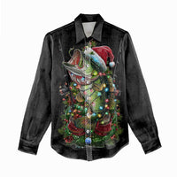 Custom Christmas Bass Fishing Women Casual Shirt Santa Hat and Holiday Lights on Black Background - Wonder Print Shop