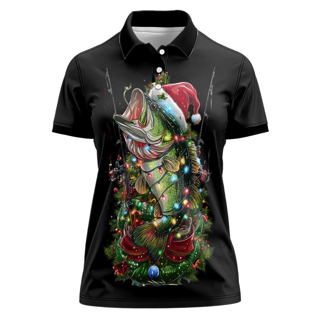 Custom Christmas Bass Fishing Women Polo Shirt Santa Hat and Holiday Lights on Black Background - Wonder Print Shop