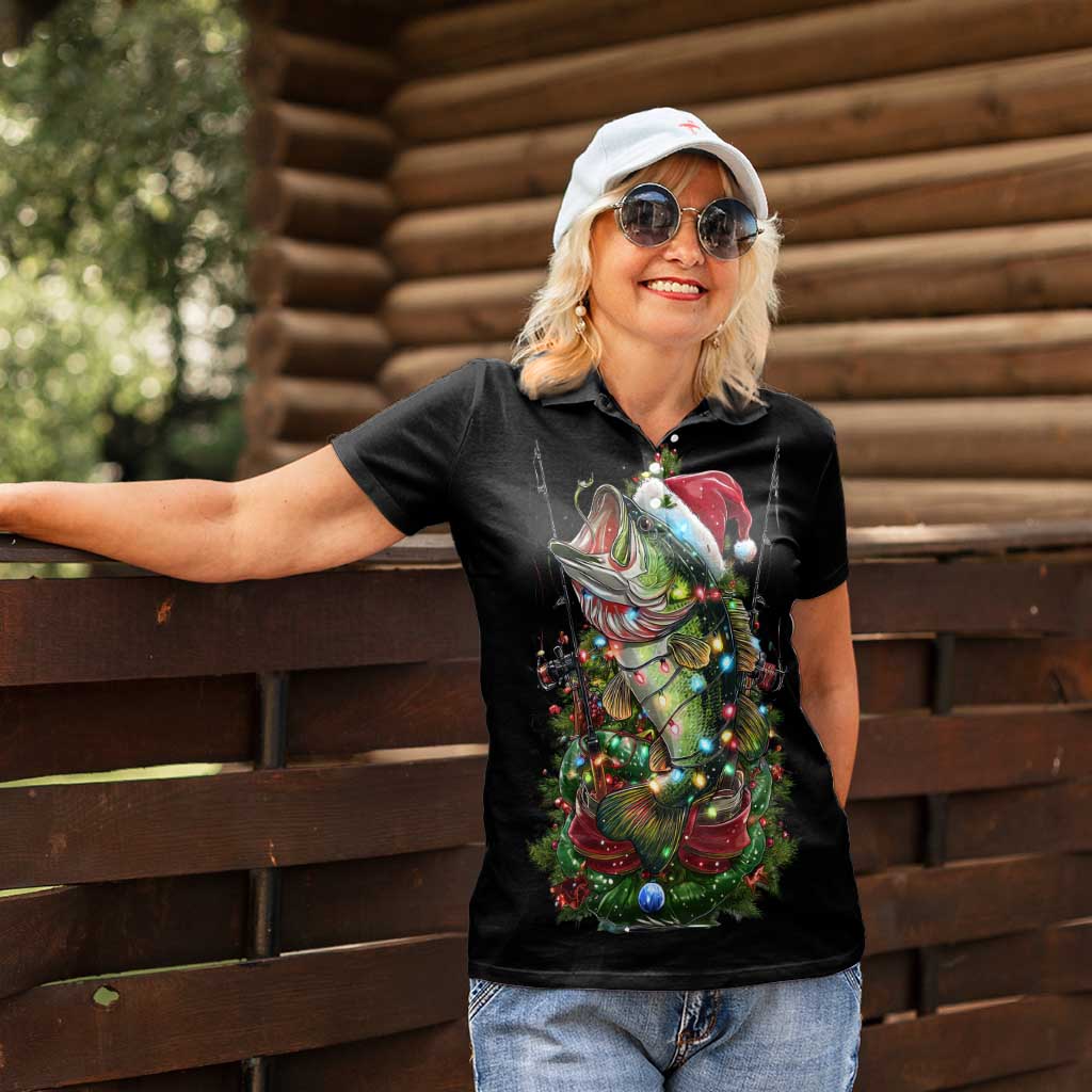 Custom Christmas Bass Fishing Women Polo Shirt Santa Hat and Holiday Lights on Black Background - Wonder Print Shop