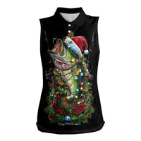 Custom Christmas Bass Fishing Women Sleeveless Polo Shirt Santa Hat and Holiday Lights on Black Background - Wonder Print Shop