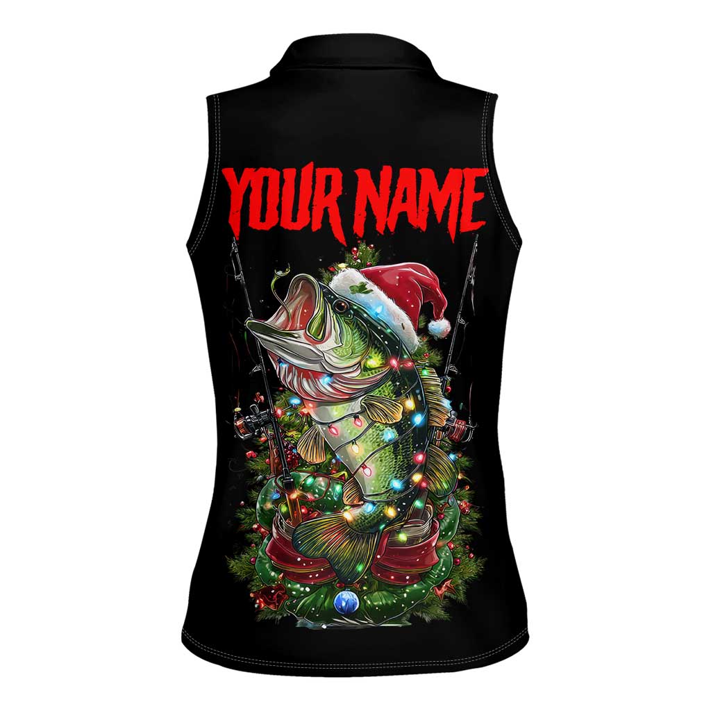 Custom Christmas Bass Fishing Women Sleeveless Polo Shirt Santa Hat and Holiday Lights on Black Background - Wonder Print Shop