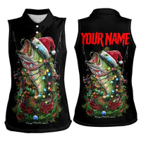 Custom Christmas Bass Fishing Women Sleeveless Polo Shirt Santa Hat and Holiday Lights on Black Background - Wonder Print Shop