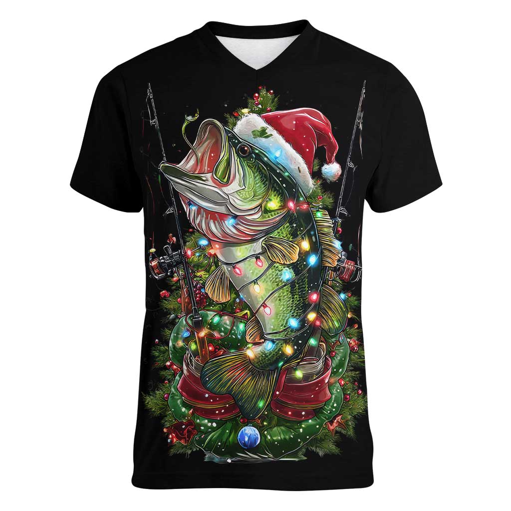 Custom Christmas Bass Fishing Women V-Neck T-Shirt Santa Hat and Holiday Lights on Black Background - Wonder Print Shop