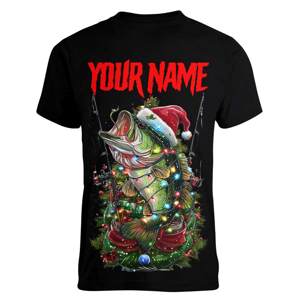 Custom Christmas Bass Fishing Women V-Neck T-Shirt Santa Hat and Holiday Lights on Black Background - Wonder Print Shop