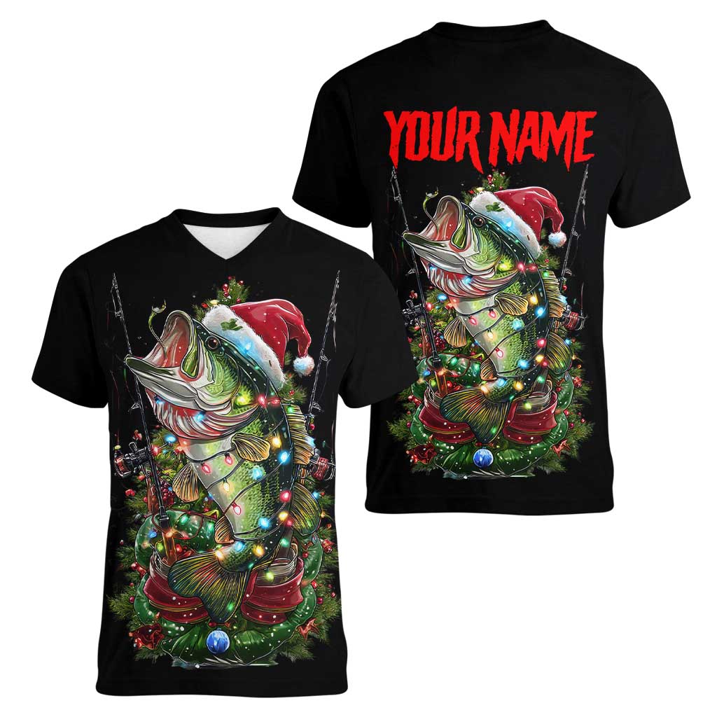 Custom Christmas Bass Fishing Women V-Neck T-Shirt Santa Hat and Holiday Lights on Black Background - Wonder Print Shop