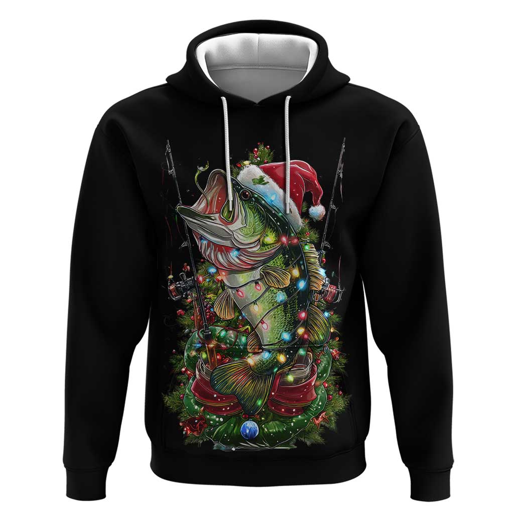 Custom Christmas Bass Fishing Zip Hoodie Santa Hat and Holiday Lights on Black Background - Wonder Print Shop