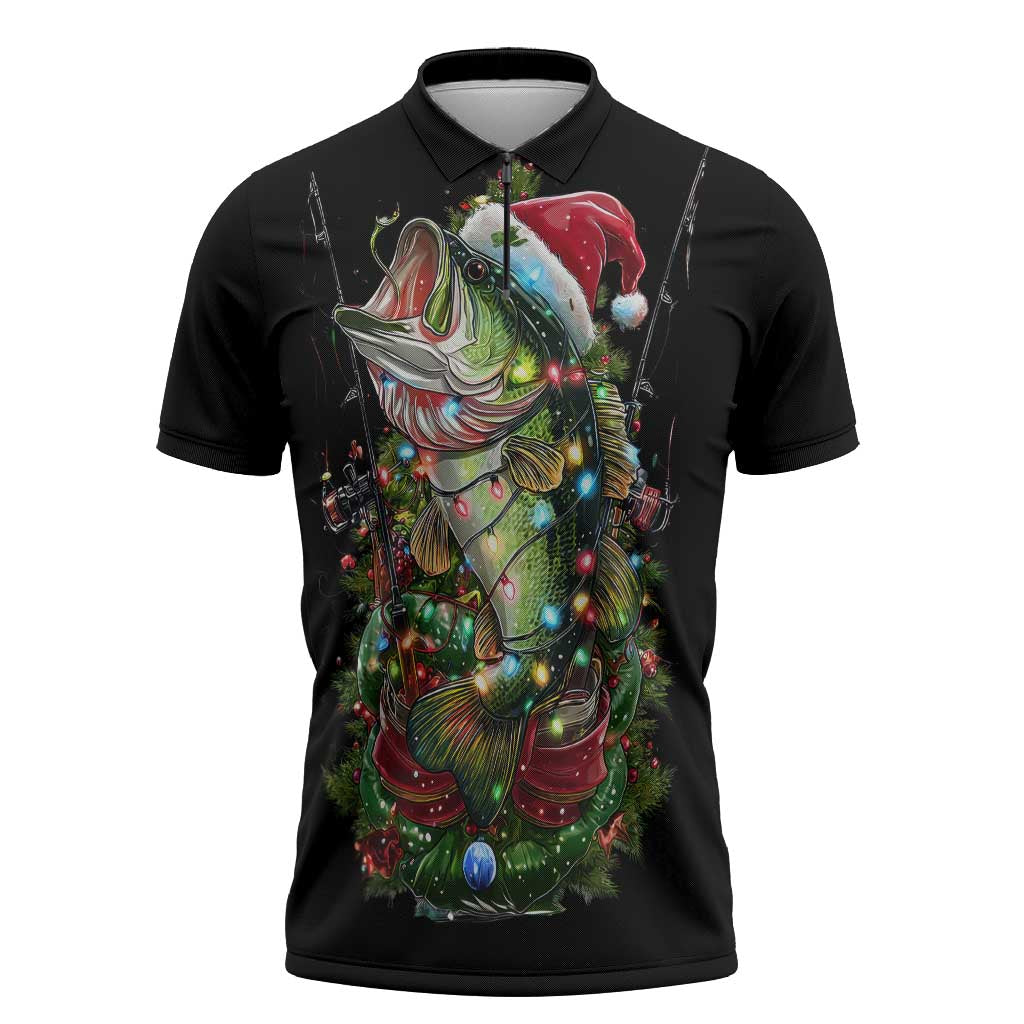 Custom Christmas Bass Fishing Zipper Polo Shirt Santa Hat and Holiday Lights on Black Background - Wonder Print Shop