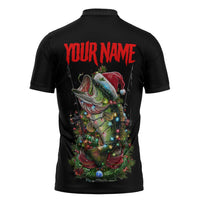 Custom Christmas Bass Fishing Zipper Polo Shirt Santa Hat and Holiday Lights on Black Background - Wonder Print Shop