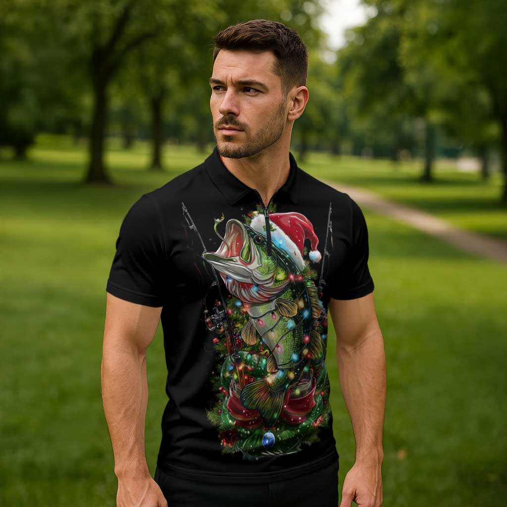 Custom Christmas Bass Fishing Zipper Polo Shirt Santa Hat and Holiday Lights on Black Background - Wonder Print Shop