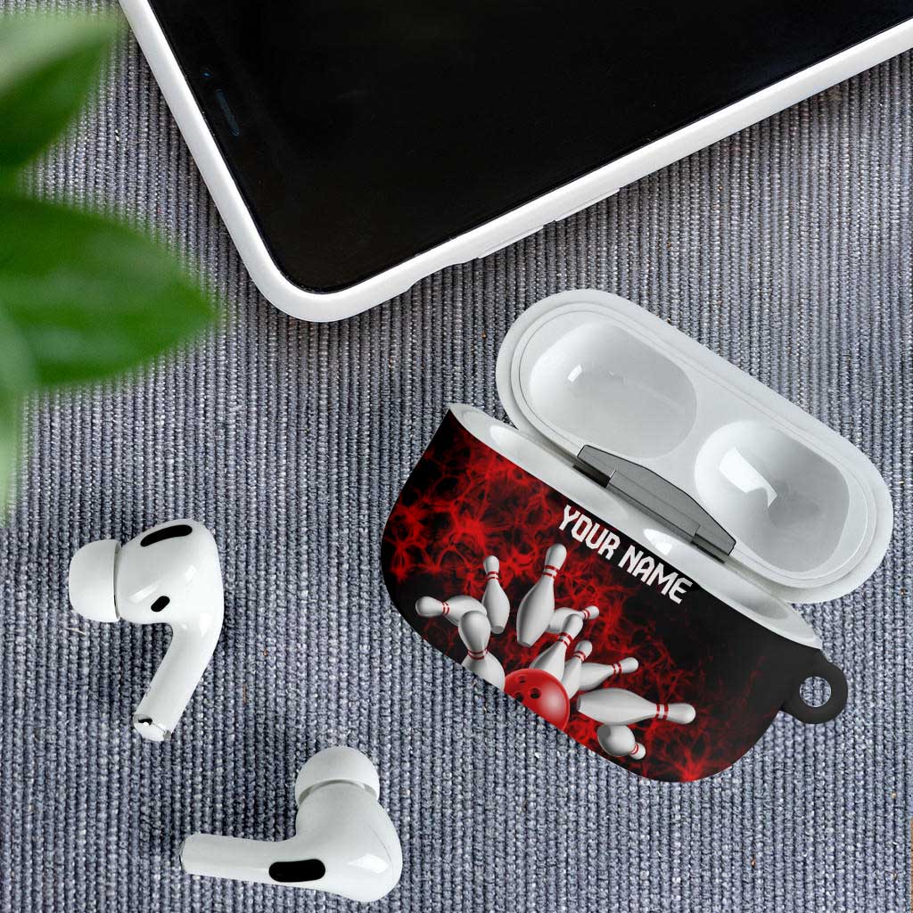 Red Bowling Ball and Pins Design AirPods Case with Fiery Smoke Background and Custom Team Name Text - Wonder Print Shop