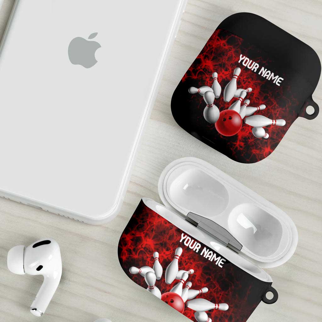 Red Bowling Ball and Pins Design AirPods Case with Fiery Smoke Background and Custom Team Name Text - Wonder Print Shop