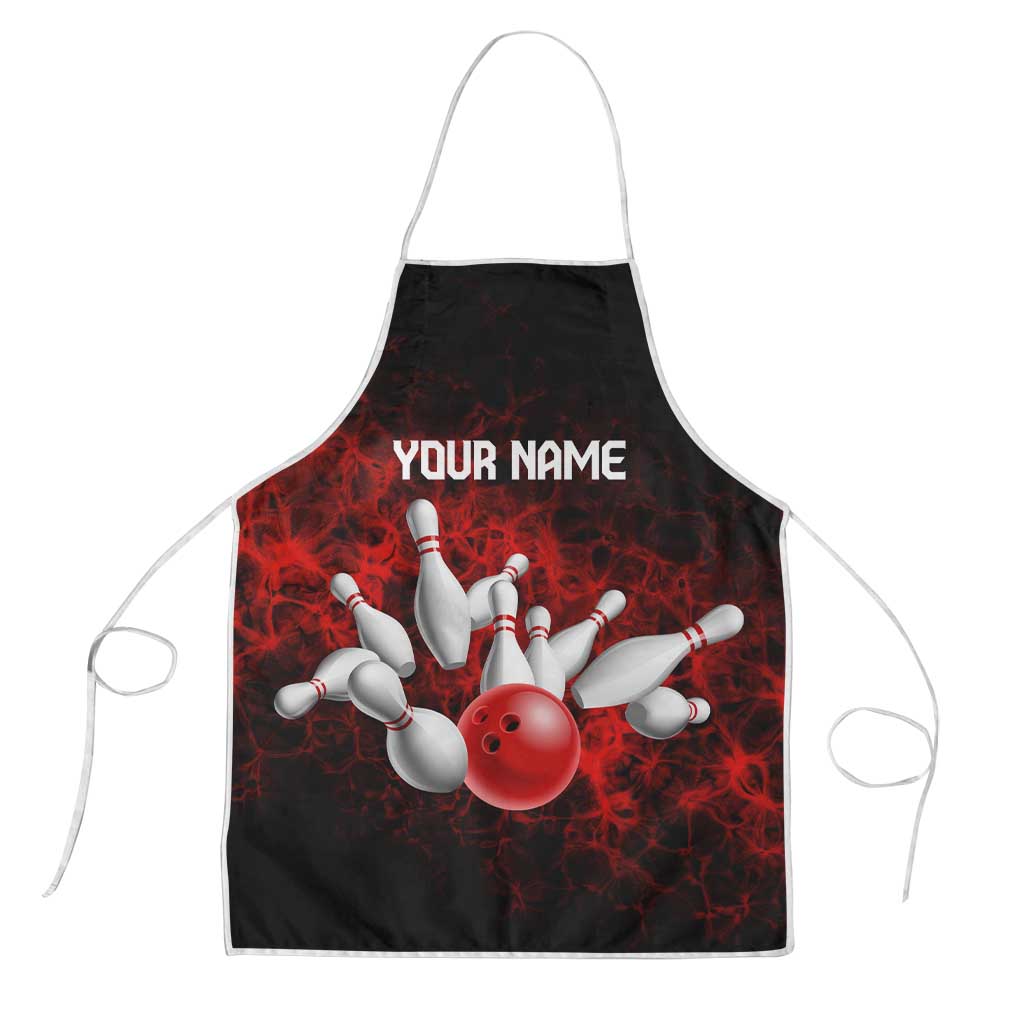 Red Bowling Ball and Pins Design Apron with Fiery Smoke Background and Custom Team Name Text - Wonder Print Shop