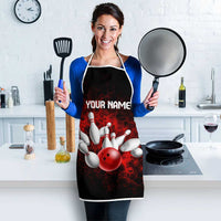 Red Bowling Ball and Pins Design Apron with Fiery Smoke Background and Custom Team Name Text - Wonder Print Shop