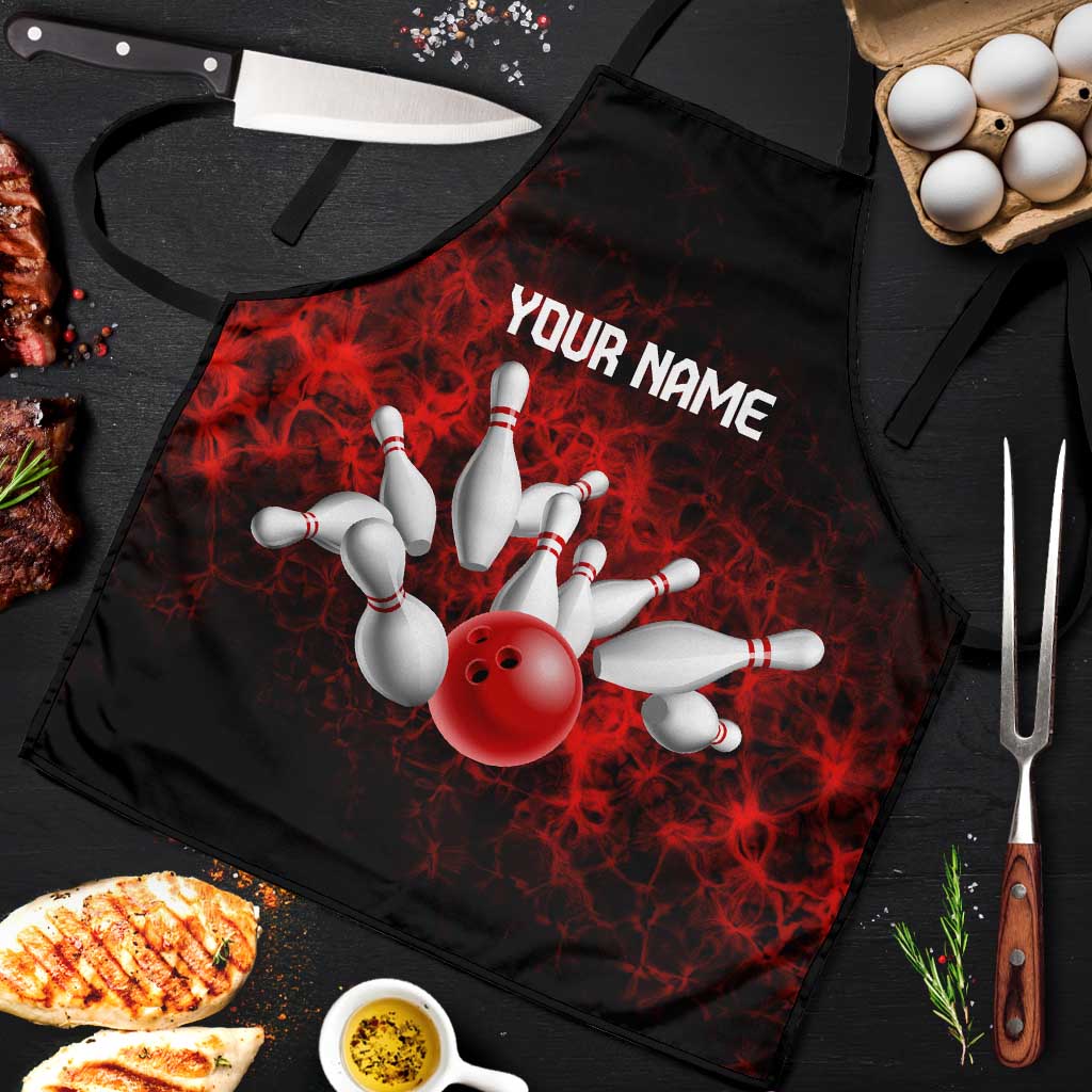 Red Bowling Ball and Pins Design Apron with Fiery Smoke Background and Custom Team Name Text - Wonder Print Shop