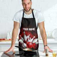 Red Bowling Ball and Pins Design Apron with Fiery Smoke Background and Custom Team Name Text - Wonder Print Shop